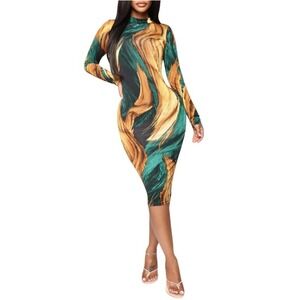 Fashion Nova Midi Dress Womens Green Combo Long Sleeve Printed Bodycon Size 3X
